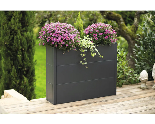 Rechteckiger Pflanzkasten mit Blumen und Pflanzen im Garten