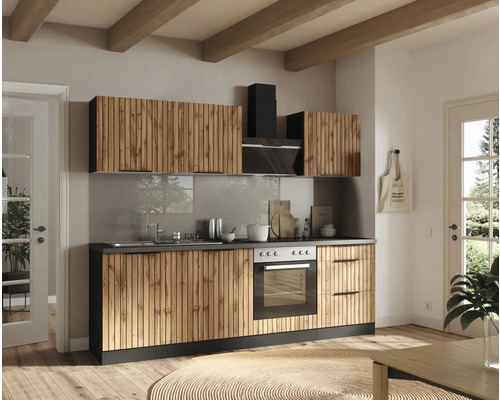 Held Möbel Küchenzeile mit Geräten Trient 240 cm eiche matt zerlegt Variante reversibel 1101.6355 Helle Küche mit Holzfronten, Spüle und Backofen