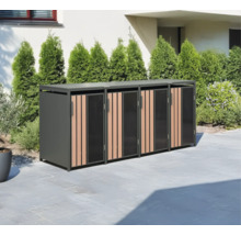 Mülltonnenbox aus Metall und Holz für drei Mülltonnen im Garten