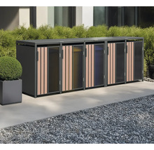 Mülltonnenbox mit mehreren Fächern zur Mülltrennung im Außenbereich.