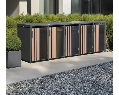 Mülltonnenbox mit mehreren Fächern zur Mülltrennung im Außenbereich.