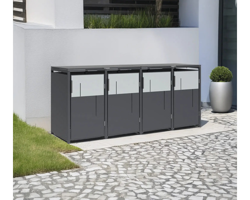 Mülltonnenbox für vier Mülltonnen vor einer Hauswand