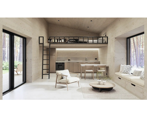 Innenraum mit Holzwänden, Kochnische, Sitzecke und Schlafkoje