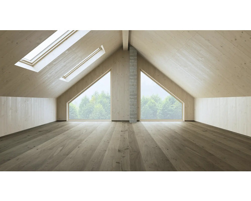 Ausgebauter Dachboden mit Holzverkleidung, Dachfenstern und Giebelfenstern.