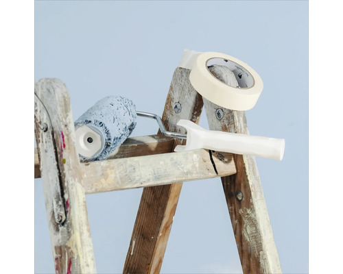 Farbe und Zubehör auf einer Leiter: Farbroller, Malerkrepp