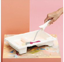 Farbe wird mit Farbroller und Pinsel aus einer Farbwanne aufgenommen.