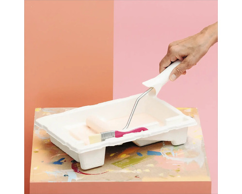 Farbe wird mit Farbroller und Pinsel aus einer Farbwanne aufgenommen.