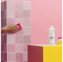 Szene mit Reinigungsmittel, Schwamm und Fliesen