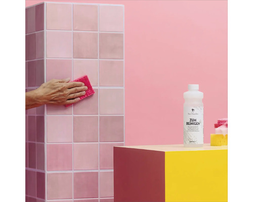 Szene mit Reinigungsmittel, Schwamm und Fliesen