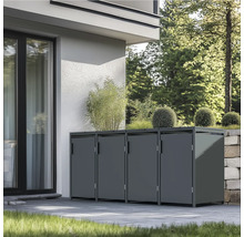 Mülltonnenbox aus Metall mit Pflanzschale vor einem Haus