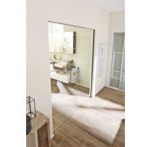 Helles Badezimmer mit Glasschiebetür und Holzbodenfliesen.