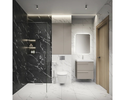 Modernes Badezimmer mit Dusche, Toilette, Waschbeckenunterschrank und Spiegel