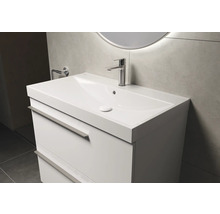 Badezimmer Waschbeckenunterschrank mit zwei Schubladen, Armatur und rundem Spiegel