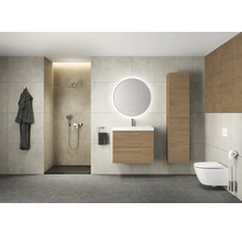 Badezimmer mit Dusche, Waschtisch, Spiegel, Toilette und Stauraumelementen in hellem Design