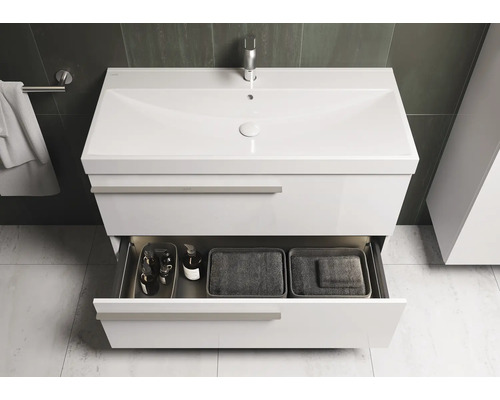 Weißer Waschtischunterschrank mit offenem Schubfach für Badezimmerutensilien