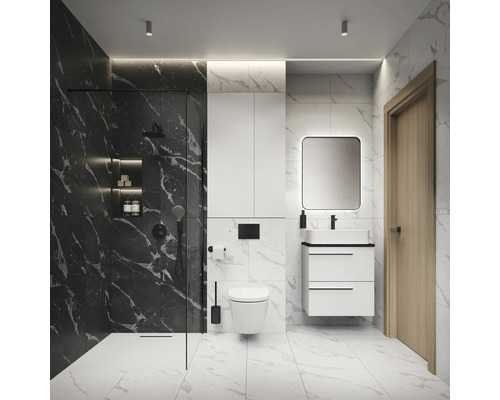 Modernes Badezimmer mit Dusche, Waschbecken, Spiegel und Toilette.
