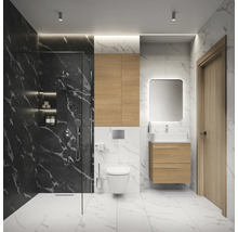 Modernes Badezimmer mit Dusche, Waschtisch, Spiegelschrank und Toilette vor weißem Marmorhintergrund