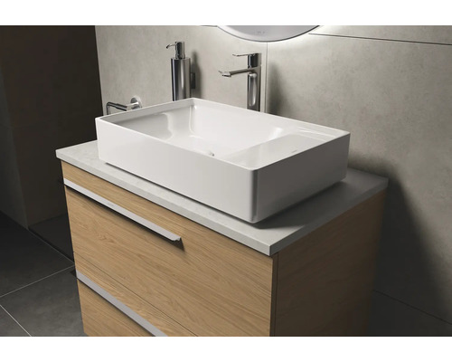 Waschtisch mit rechteckigem Aufsatzwaschbecken, Armatur und Unterschrank