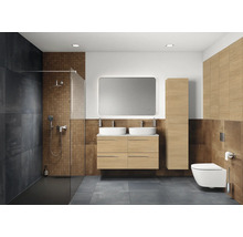 Helles Badezimmer mit Dusche, Waschtisch mit zwei Waschbecken, Spiegelschrank, Hänge-WC und Fliesen