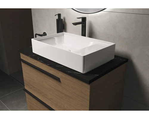 Waschtisch mit Unterschrank, schwarzer Arbeitsplatte und rechteckigem Aufsatzwaschbecken