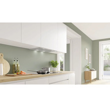 Küchenszene mit Dunstabzugshaube, Kochfeld, Kochtöpfen und Lebensmitteln auf einer Arbeitsplatte