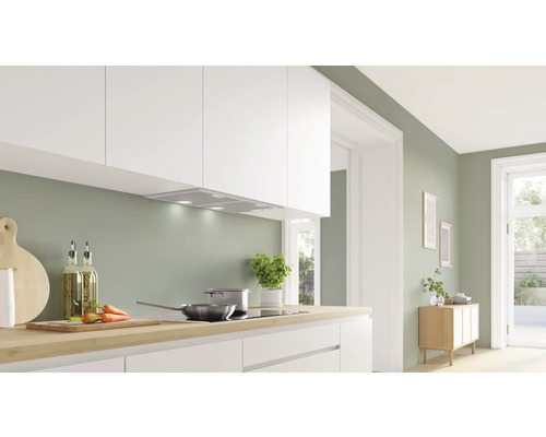 Küchenszene mit Dunstabzugshaube, Kochfeld, Kochtöpfen und Lebensmitteln auf einer Arbeitsplatte