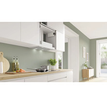 Helle Küche mit Dunstabzugshaube unter einem weißen Hängeschrank, Kochfeld, Spüle und Kochutensilien auf der Arbeitsfläche.