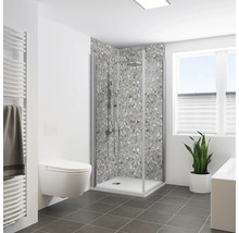 Helles Badezimmer mit Dusche, Toilette, Heizkörper und Zimmerpflanze