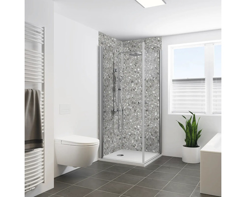 Duschrückwand BREUER Terrazzo Seidenmatt Grau 210 x 125 cm 9482570000213 Helles Badezimmer mit Dusche, Toilette, Heizkörper und Zimmerpflanze