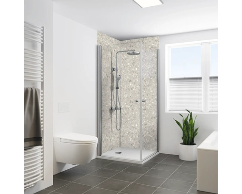 Duschrückwand BREUER Terrazzo Seidenmatt Beige 210 x 125 cm 9482571000213 Badezimmer mit Dusche, Toilette und Handtuchwärmer