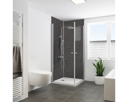 Duschrückwand BREUER Terrazzo Seidenmatt Anthrazit 255 x 125 cm 9482572000198 Modernes Badezimmer mit Dusche, Toilette, Heizkörper und Pflanze