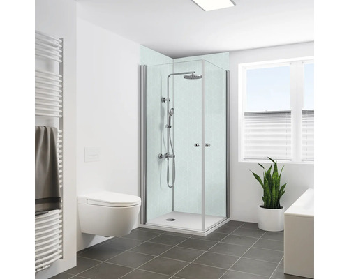 Duschrückwand BREUER Hexagon Mint Seidenmatt 255 x 150 cm 9482576000204 Helles Badezimmer mit Dusche, Toilette, Heizkörper und Pflanze