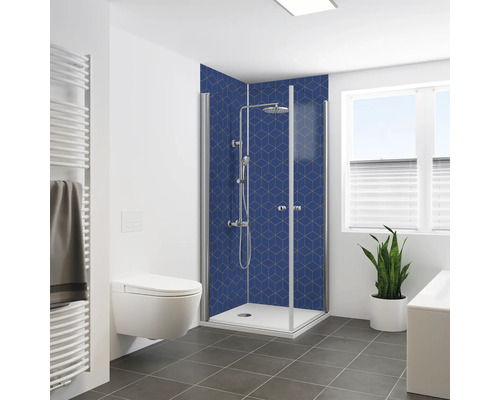 Duschrückwand BREUER Hexagon Seidenmatt blau 255 x 150 cm 9482578000204 Modernes Badezimmer mit Duschkabine, Toilette und Handtuchwärmer