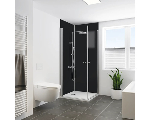 Duschrückwand BREUER Seidenmatt schwarz 255 x 125 cm 9482581000198 Modernes Badezimmer mit Duschkabine, Toilette und Heizkörper