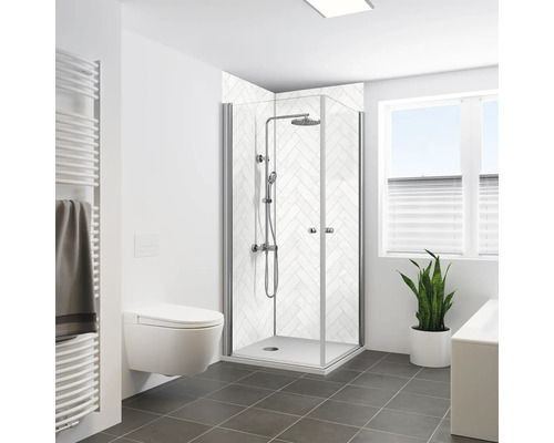 Duschrückwand BREUER Fischgräten Seidenmatt weiß, anthrazit 210 x 100 cm 9482582000202 Modernes Badezimmer mit Duschkabine, Toilette, Heizkörper und Fenster