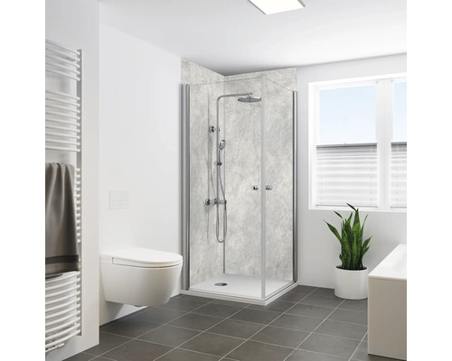 Duschrückwand BREUER Steinoptik Natur silbergrau 255 x 100 cm 9482583000203 Modernes Badezimmer mit Duschkabine, Toilette und Heizkörper