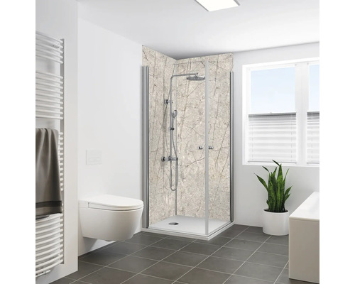 Duschrückwand BREUER Natur Tundra Seidenmatt Beige, Creme 255 x 125 cm 9482584000198 Modernes Badezimmer mit Duschkabine, Toilette, Handtuchwärmer und Pflanze