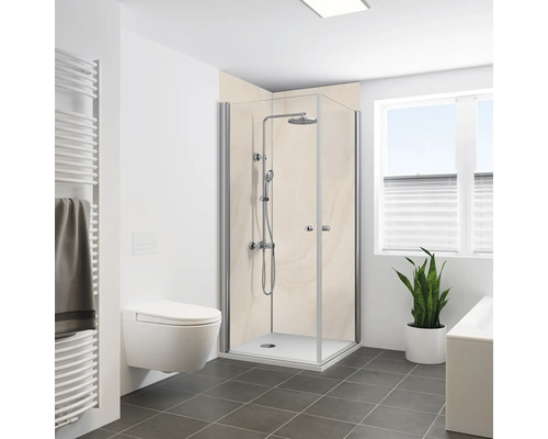 Helles Badezimmer mit Duschkabine, Toilette und Heizkörper