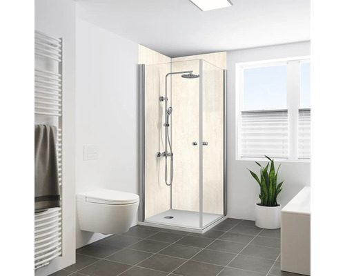 Duschrückwand BREUER Steinoptik Travertin Creme 255 x 100 cm 9482586000203 Modernes Badezimmer mit Duschkabine, Toilette und Heizkörper