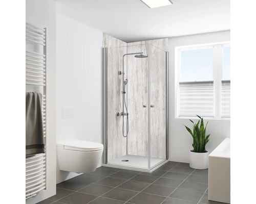 Duschrückwand BREUER Steinoptik Travertin Grau 255 x 100 cm 9482588000203 Badezimmer mit Duschkabine, Toilette und Heizkörper