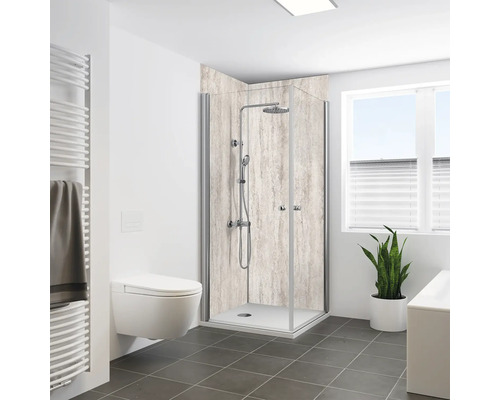 Duschrückwand BREUER Steinoptik Travertin Beige 255 x 150 cm 9482590000204 Badezimmer mit Duschkabine, Toilette und Heizkörper