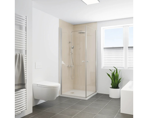 Duschrückwand BREUER Hochglanz beige 210 x 100 cm 9482591000202 Modernes Badezimmer mit Duschkabine, Toilette, Handtuchwärmer und Zimmerpflanze
