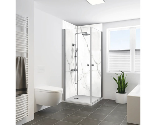 Duschrückwand BREUER Marmoroptik Bianco Seidenmatt 255 x 150 cm 9482593000204 Modernes Badezimmer mit Duschkabine, Toilette und Handtuchwärmer