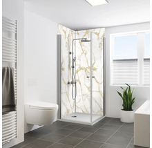 Badezimmer mit Duschkabine, Toilette und Handtuchwärmer