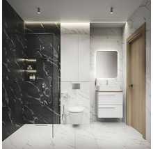 Modernes Badezimmer mit Dusche, Waschtisch und Toilette vor schwarz-weißem Marmorhintergrund