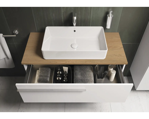 Waschtisch mit Becken, Schublade und Ablage im Badezimmer