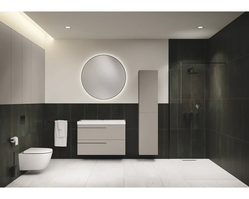 Modernes Badezimmer mit Toilette, Waschtischunterschrank, Spiegelschrank und Dusche