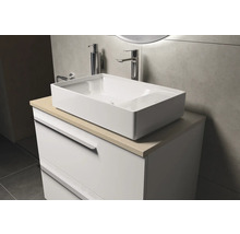 Badezimmer mit Aufsatzwaschbecken, Waschtischunterschrank und Armaturen