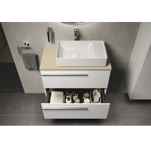 Modernes Badezimmer mit weißem Waschtischunterschrank, offenem Schubfach und Aufsatzwaschbecken