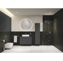 Modernes Badezimmer mit Toilette, Waschtisch, Spiegelschrank, Hochschrank und Dusche